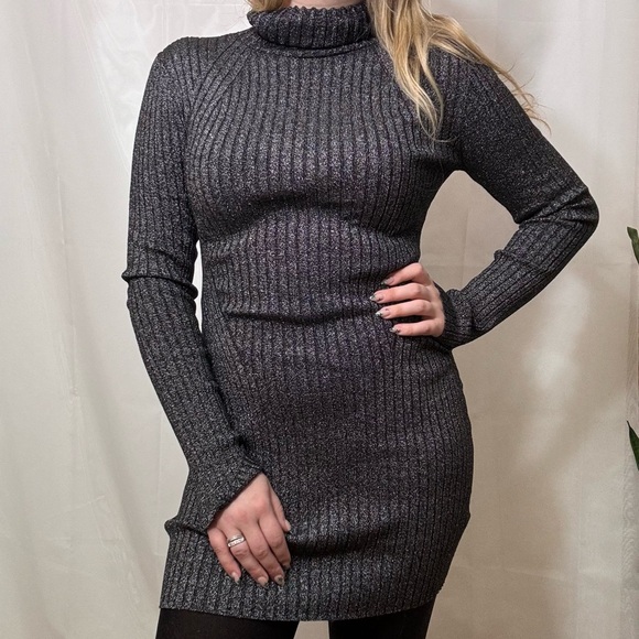 AllSaints Juliette Metallic Long Sleeve Turtleneck Rib Sweater Dress - Picture 4 of 9